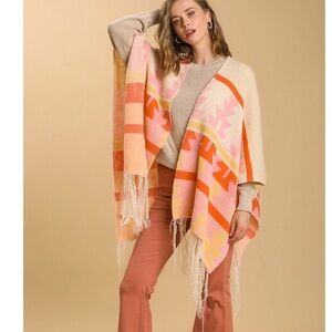 Umgee Shawl Open Front Vintage Pattern Long Sleeve with Fringe